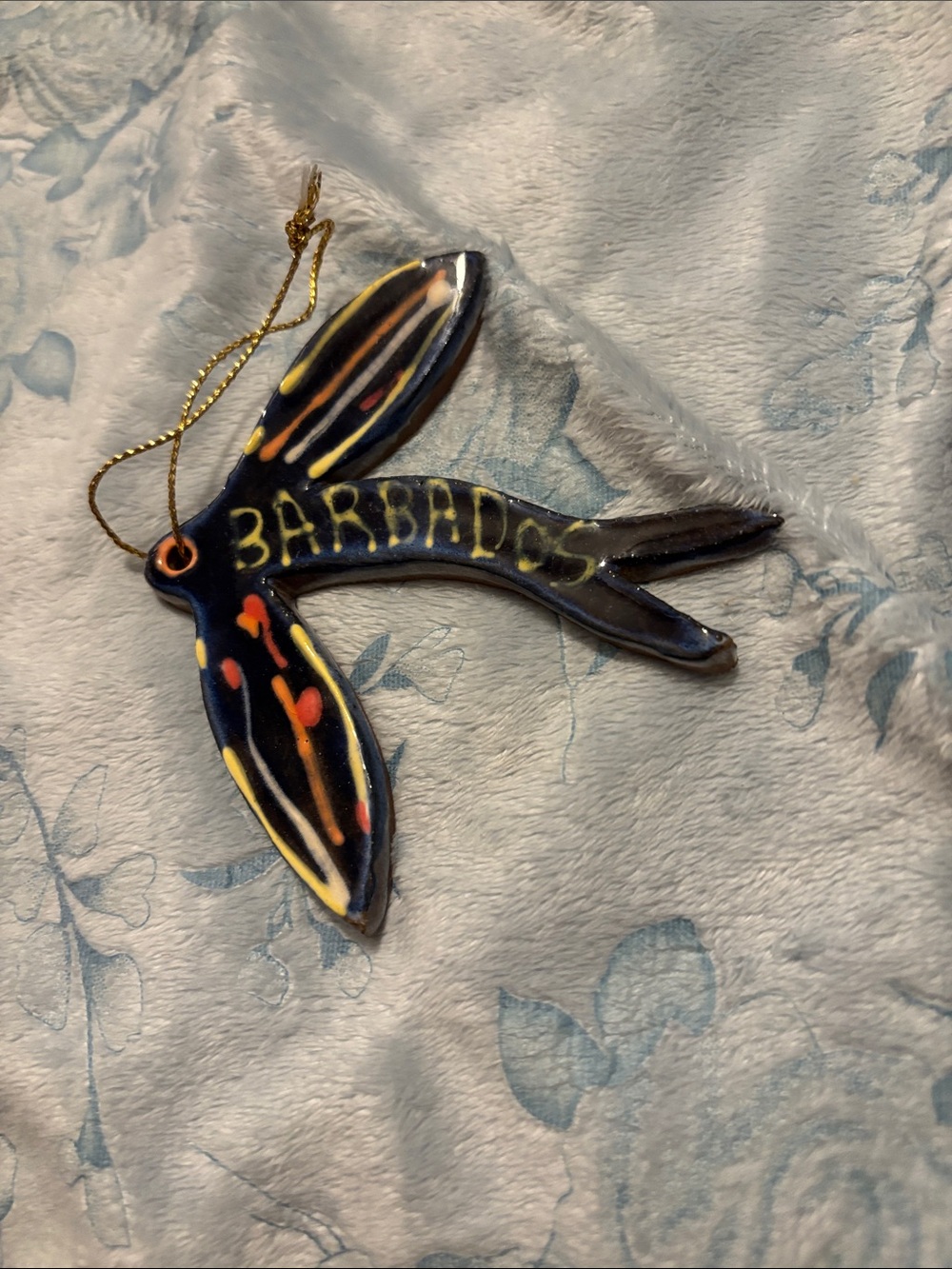 Barbados Ceramic Flying Fish Ornament - Navy with Yellow & Orange Accents